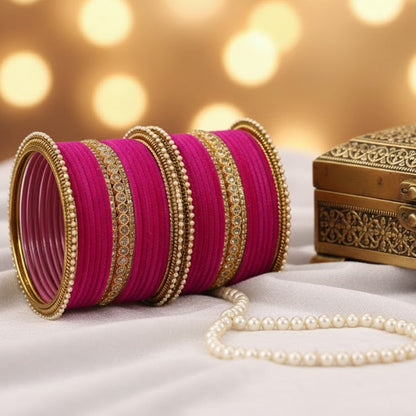 Magenta Velvet Bridal Chuda Set – Metal Base with Zircon Diamond-Studded Bangles