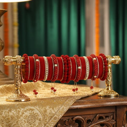 Red Velvet Bridal Chuda – Zircon, Bead & Kada Detailing set of 2
