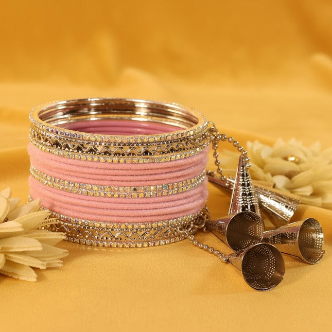 Elegant Baby Pink Velvet Zircon Stone Chuda Set with Silver Latkan – Set of 32