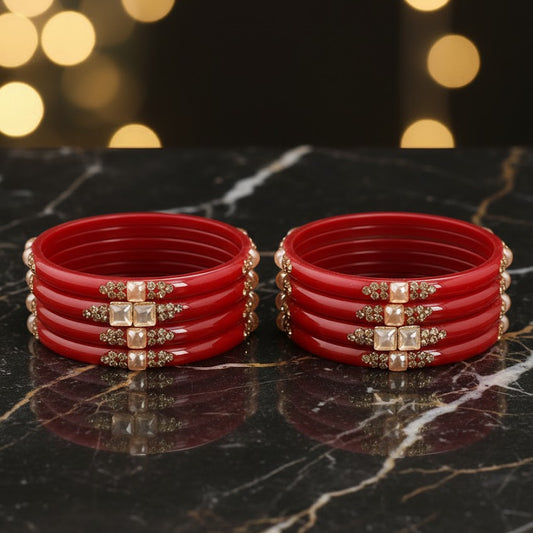 Bridal Red Glass Bangle Set (Pack of 8) | Golden Stone Work