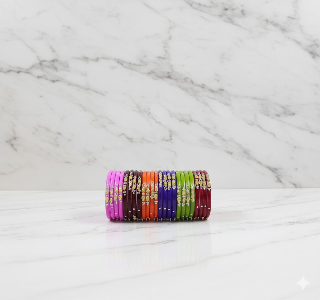 Glass Bangles Set – Pack of 48 | 12 Multicolor Designs with Golden & Stone Work