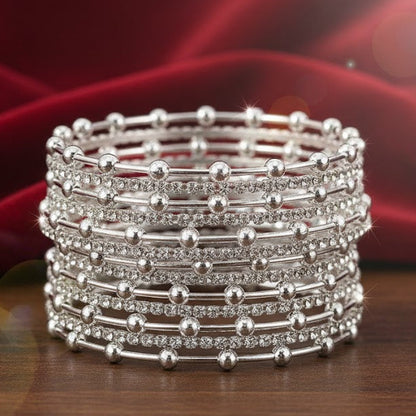 Silver Plated Metal Bangles Set for Women & Girls | Diamond Stone & Ball-Studded Stylish Design-Pack of 26