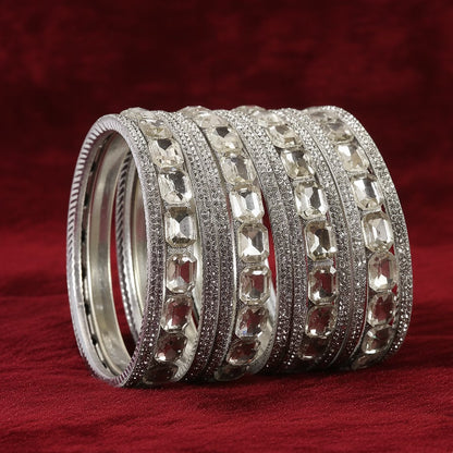 Silver Stone Bangles – Crystal-Cut Metal Set set of 2
