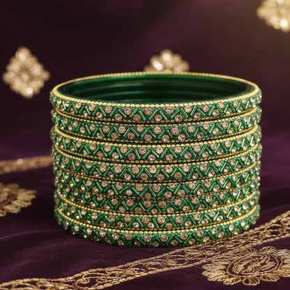 Green Glass Bangles Set For Girls and Women Studded Zircon Gemstone and Beads I women bangles I (Pack of 8)