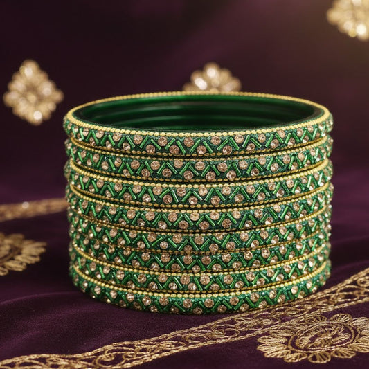 Green Glass Bangles Set For Girls and Women Studded Zircon Gemstone and Beads I women bangles I (Pack of 8)