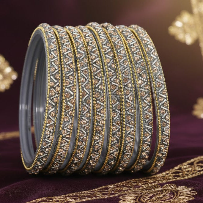 Grey Glass Bangles Set For Girls and Women Studded Zircon Gemstone and Beads I women bangles I (Pack of 8)