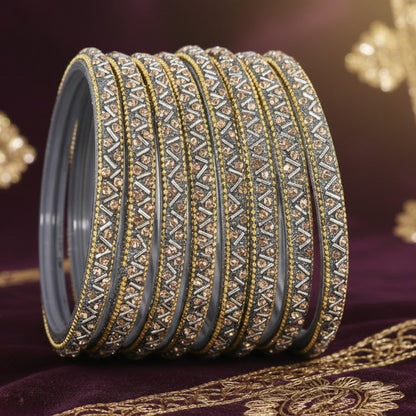 Grey Glass Bangles Set For Girls and Women Studded Zircon Gemstone and Beads I women bangles I (Pack of 8)