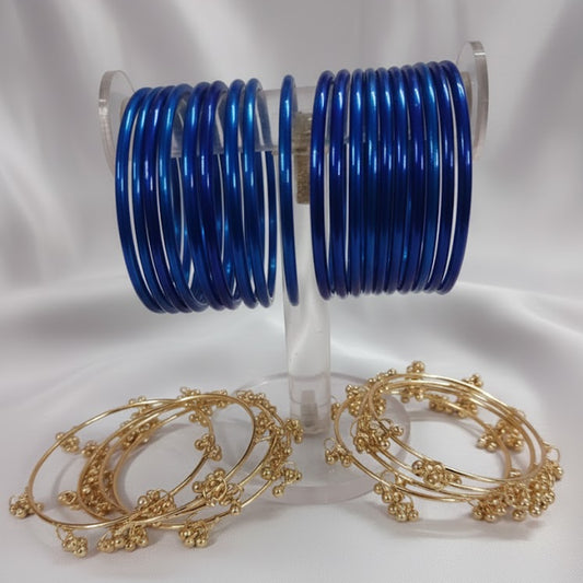 Traditional Blue Glass Bangles with Golden Ghungroo Detailing – Pack of 24