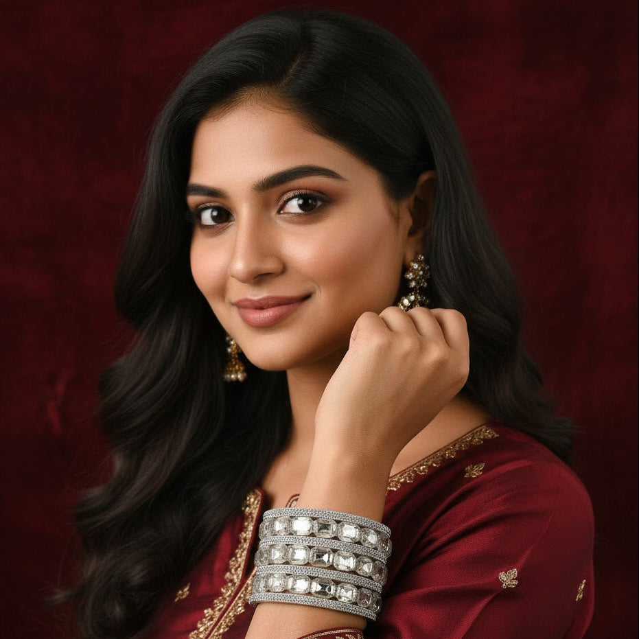 Silver Stone Bangles – Crystal-Cut Metal Set set of 2