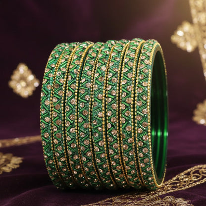Green Glass Bangles Set For Girls and Women Studded Zircon Gemstone and Beads I women bangles I (Pack of 8)