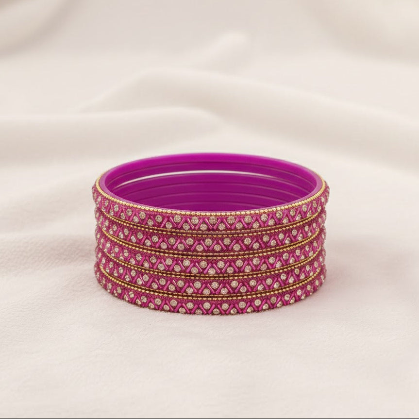 Magenta Glass Bangles Set For Girls and Women Studded Zircon Gemstone and Beads I women bangles I (Pack of 8)