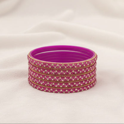 Magenta Glass Bangles Set For Girls and Women Studded Zircon Gemstone and Beads I women bangles I (Pack of 8)