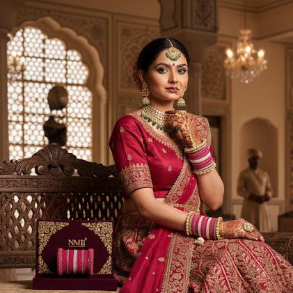 Pink Velvet Bridal Chuda Set with Zircon Stone Work & Pearl Latkan – Elegant Wedding Bangles
