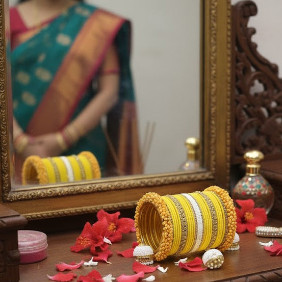 Haldi Special Traditional Velvet Bangles with Pearls & Zircon Stone Latkan | Bridal Chuda Set | Yellow & White-Set of 54