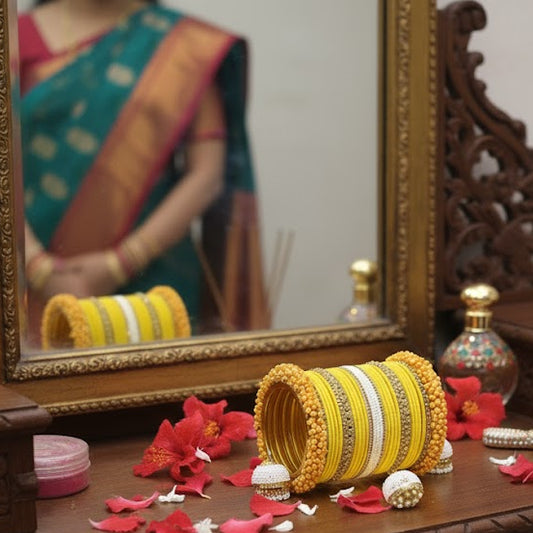 Haldi Special Traditional Velvet Bangles with Pearls & Zircon Stone Latkan | Bridal Chuda Set | Yellow & White-Set of 54