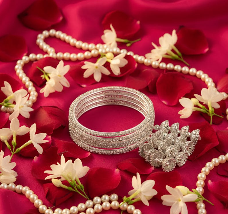 Silver Metal Latkan Bangles – Elegant Jhumka Design Bangle Set of 4 for Bridal & Festive Wear