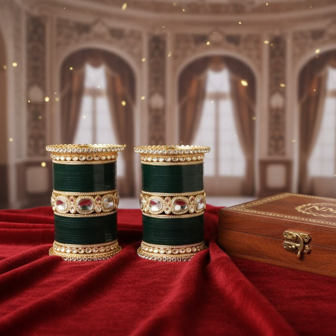 Bridal Gold Metal Chuda Set | Zircon Diamond Studded Bangles for Women | Traditional Wedding Set of 70