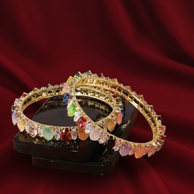 Traditional Alloy Metal Kada Bangles for Women & Girls | Multi-Color Zircon Diamond Studded Design | Pack of 2