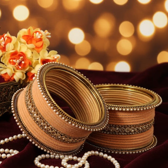 Peach Velvet Bridal Chuda Set – Metal Base with Zircon Diamond-Studded Bangles