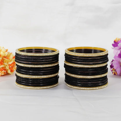 Black Velvet & Glass Bangles Set with Stone Work – Pack of 32