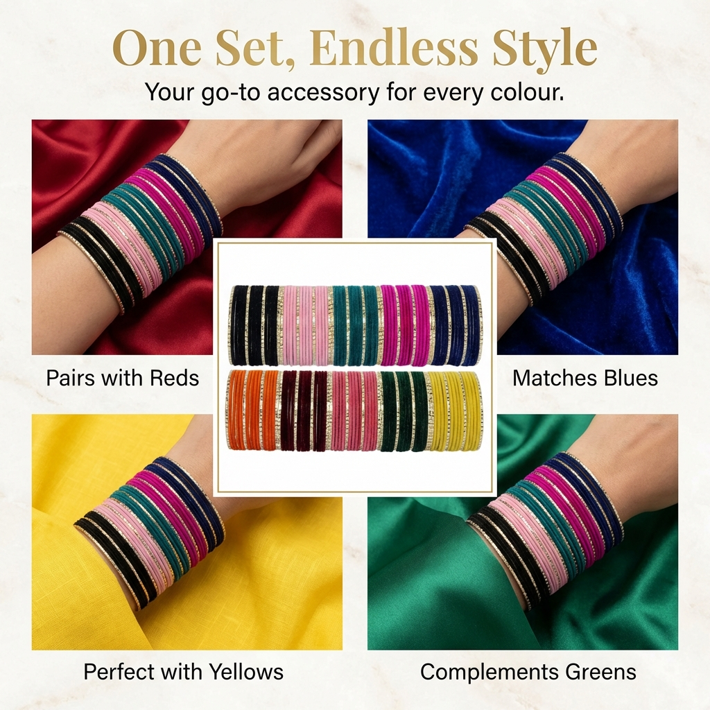 Trendy Color Multi Velvet Metal Bangle Set for – Pack of 160